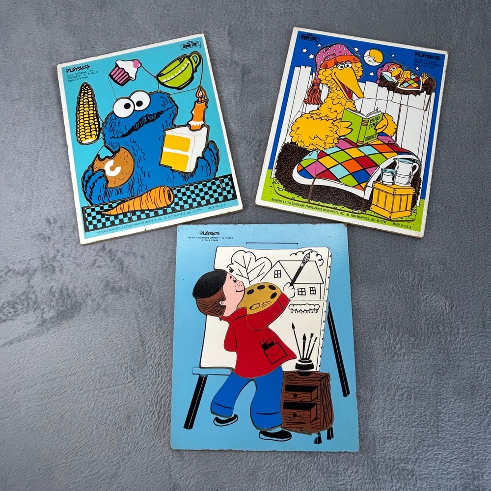 Vintage Playskool Sesame Street Wood Puzzles Cookie Monster Big Bird Lot 3